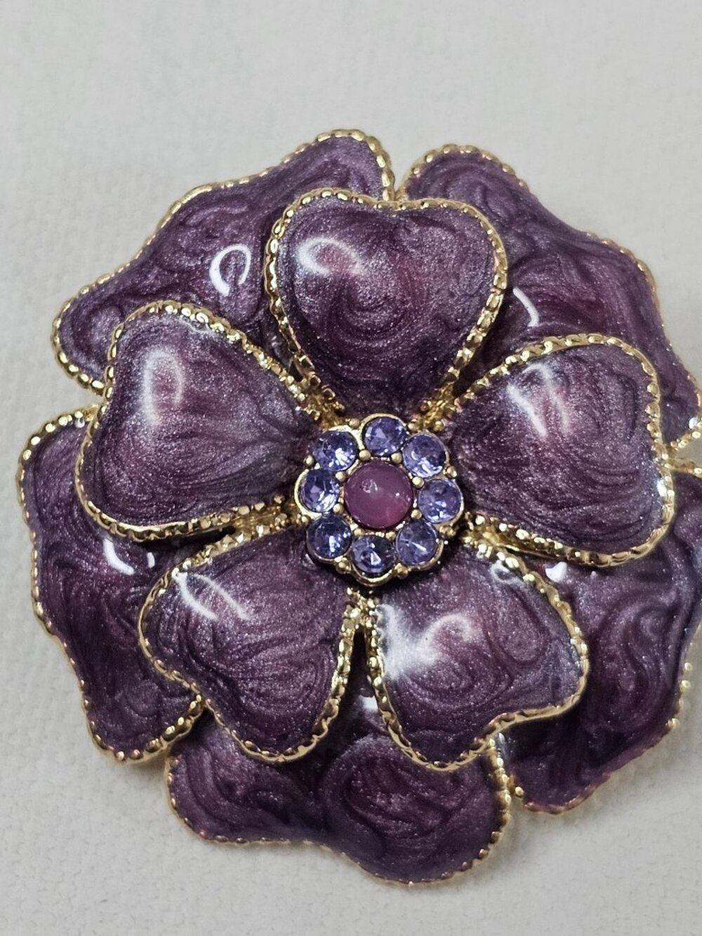 Gold Tone Metal Flower Brooch Purple Rhinestone Enamel Petal Unmarked Pin